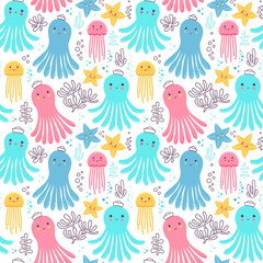 Seamless pattern with kawaii style octopus and jellyfish. Vector illustration with sea animals in cute colors.