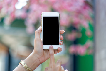 Hands and phones used for online communication Concepts of telephone and technology With copy space