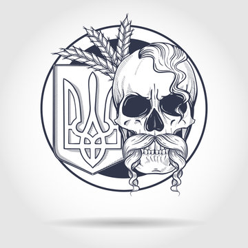 Hand drawn sketch, skull with Ukrainian national emblem, mustaches, oseledets hairstyle, spikes of wheat. Poster, flyer design
