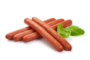 Thin Smoked Sausages with basil leaves, close-up, isolated on white background
