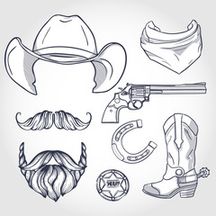 Vector sketch drawing illustration of wild West cowboys symbols: revolver, hat, boots with spurs, horseshoe, lasso, hunt for wanted, sheriff - 267241873