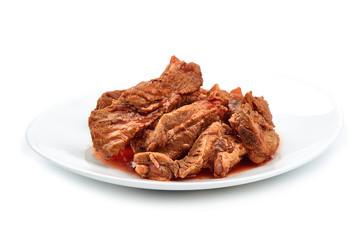 Stewed pork ribs, home cooking, close-up, isolated on white background