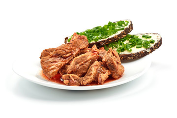 Pork ribs stew, home cooking, close-up, isolated on white background