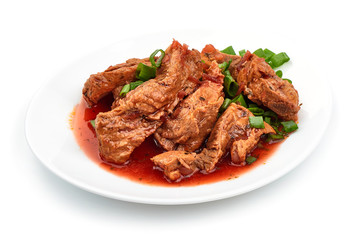 Pork ribs stew, home cooking, close-up, isolated on white background