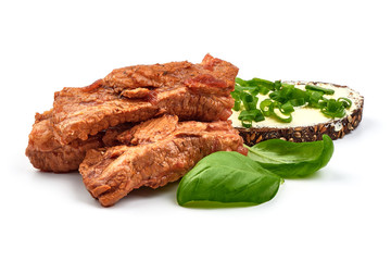 Stewed pork ribs with basil leaves, home cooking, close-up, isolated on white background