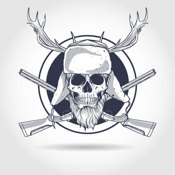 Sketch, skull with beard, hat with ear flaps, rifles, antler and ribbon for text