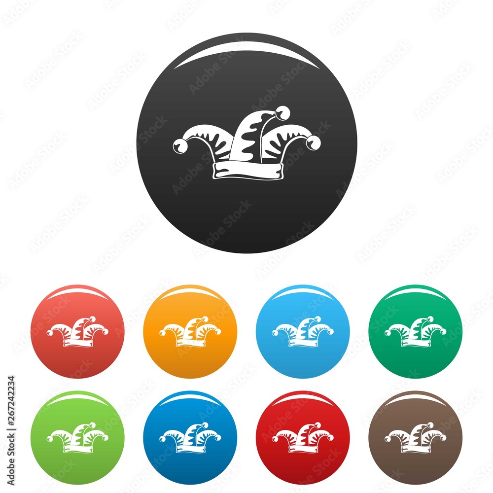 Poster jester icons set 9 color vector isolated on white for any design