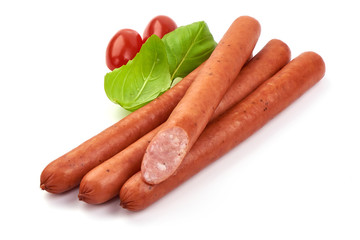 Smoked beef sausages with basil leaves, close-up, isolated on white background
