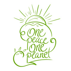Eco Themed Lettering. One Peace One Planet. Ecology Concept for Earth Hour, Earth Day, Ocean Day and other ECO dates. Vector Illustration.