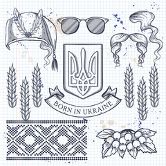 Hand drawn sketch, Ukrainian ethnic features on a notebook page