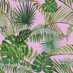 Tropical leaves pattern on pink background. Bright summer pattern.