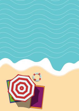 Summer vacation, vector vertical flat background. Aerial view of a beach with umbrella