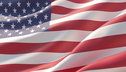 Waved highly detailed close-up of American Flag. 3D illustration.