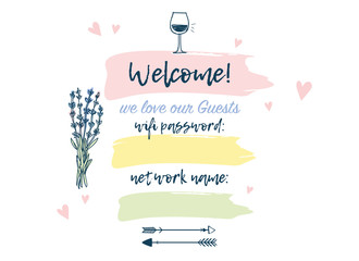 Welcome guests sign hand drawn, wifi password, lettering, wedding, booking. Lavender vector illustration