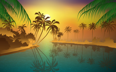 Naklejka na ściany i meble landscape of the beach on the island in sunset