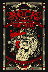Rock music print. Bearded man and old audio cassette. Let's Rock slogan. Musical old school art, t-shirt design