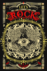 Rock music print. All seeing eye and keys. Let's Rock slogan. Musical vector art, t-shirt design
