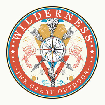 Compass and arrows. Wilderness, the great outdoors slogan. Symbol of tourism, adventure and travel