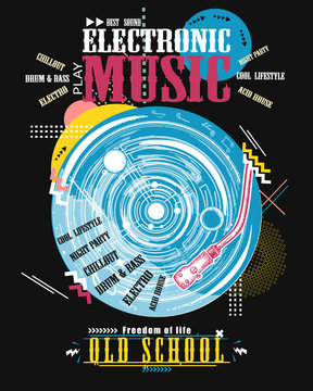 Electronic music art. Vinyl disk and universe. Modern musical print