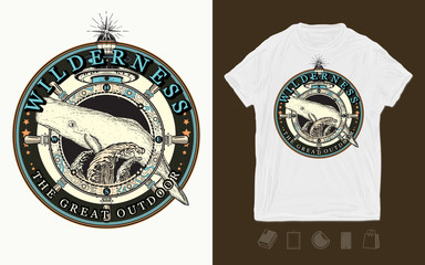 Whale and lighthouse t-shirt art. Wilderness, the great outdoors slogan. Travel, adventure, outdoors symbol. Print for t-shirts and another, trendy apparel design
