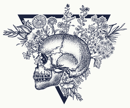Human skull and herbs, tattoo and t-shirt design