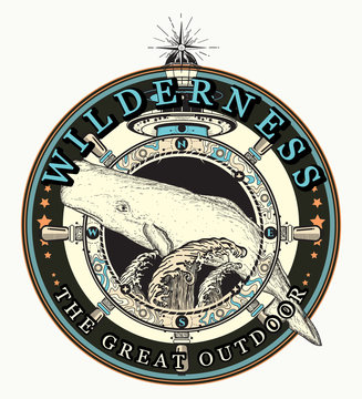 Whale and lighthouse t-shirt art. Wilderness, the great outdoors slogan. Travel, adventure, outdoors symbol. Big water waves in the sea