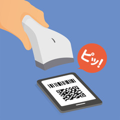 スマートフォンによるキャッシュレス決済、QRコードスキャン、バーコードスキャンのイメージイラスト