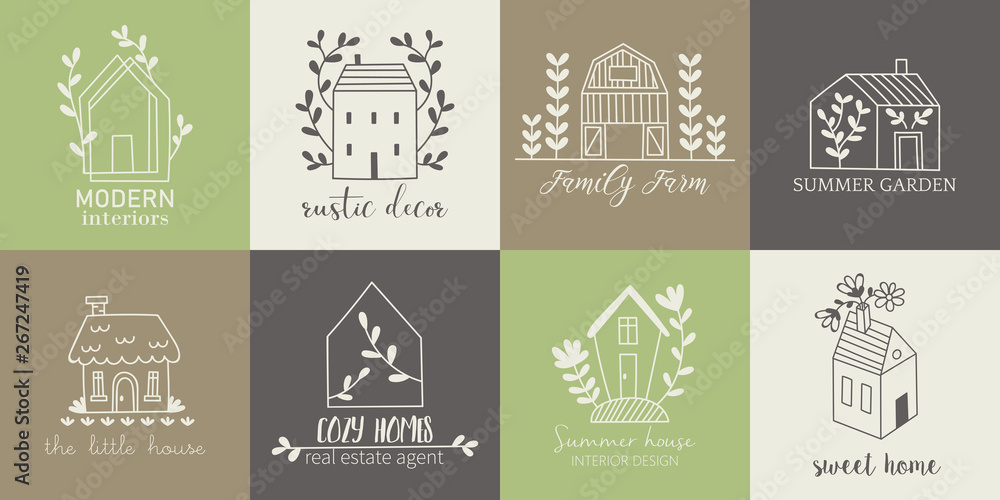 Wall mural House, home, cottage and farm logo template with hand drawing icons