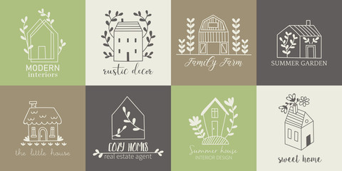 House, home, cottage and farm logo template with hand drawing icons - obrazy, fototapety, plakaty