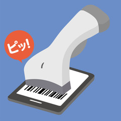 スマートフォンによるキャッシュレス決済、QRコードスキャン、バーコードスキャンのイメージイラスト
