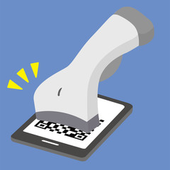 スマートフォンによるキャッシュレス決済、QRコードスキャン、バーコードスキャンのイメージイラスト