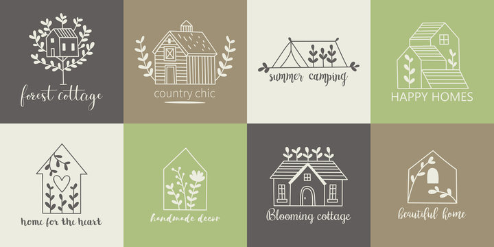 House, home, cottage and farm logo template with hand drawing icons