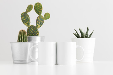 Two mugs mockup with various types of cactus and a succulent plant on a white table.