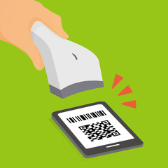 スマートフォンによるキャッシュレス決済、QRコードスキャン、バーコードスキャンのイメージイラスト