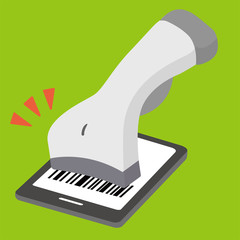 スマートフォンによるキャッシュレス決済、QRコードスキャン、バーコードスキャンのイメージイラスト