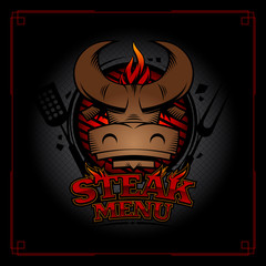Steak menu cover design with bull head, barbecue grill and flame