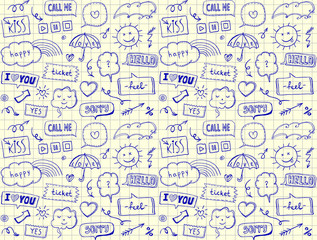 Seamless pattern with speech bubbles and comic style elements, love theme