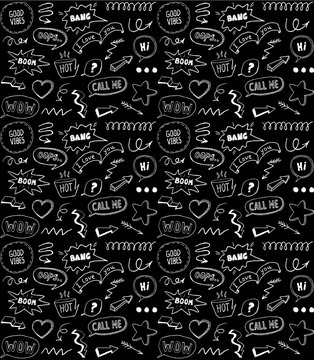 Seamless pattern with speech bubbles and comic style elements, hand drawn vector illustration