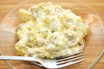 Close-Up of Potato Salad on a Glass Plate