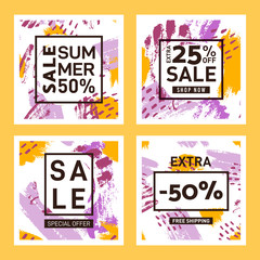 Set of Vector sale template on hand-drawn background with brush strokes. Colorful abstract pattern. Modern promotion square web banner for mobile applications in social networks and online stores.