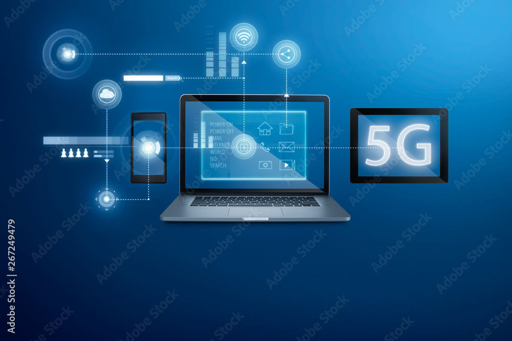 Poster smart home app interface on laptop ,digital pad and smart phone to control house with artificial int