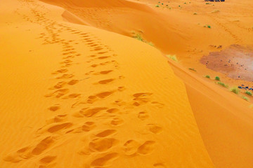 Climbing sand dunes, footprints in the sand, sunrise, Sahara Desert, Morocco