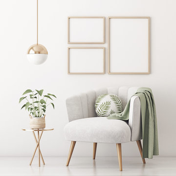 Poster mockup with three frames on empty white wall in living room interior with gray velvet armchair, round pillow with tropical pattern, green plaid and plant in basket. 3D rendering.