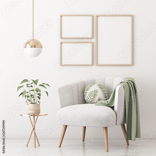 Download Poster Mockup With Three Frames On Empty White Wall In Living Room Interior With Gray Velvet Armchair Round Pillow With Tropical Pattern Green Plaid And Plant In Basket 3d Rendering Wall Mural Marina Dikh