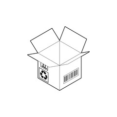 Outline icon of cubic cardboard box. Empty corrugated box with four open flaps. Isometric vector isolated on white background.