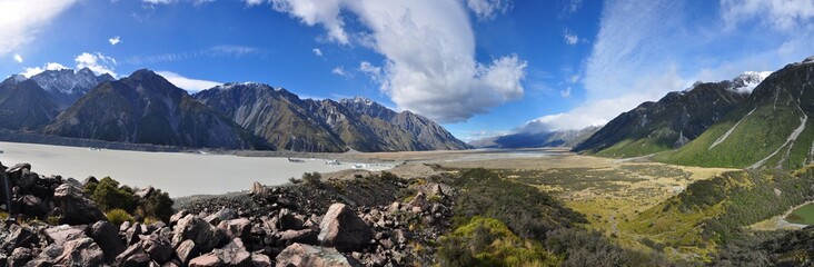 Panorama of the Tasman Glacier and valley to Mt Cook village 