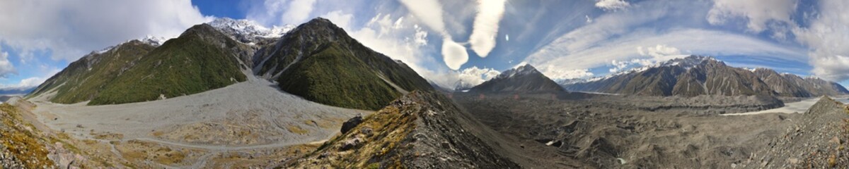 Panorama of the Tasman Glacier in New Zealand with blue sky and clouds