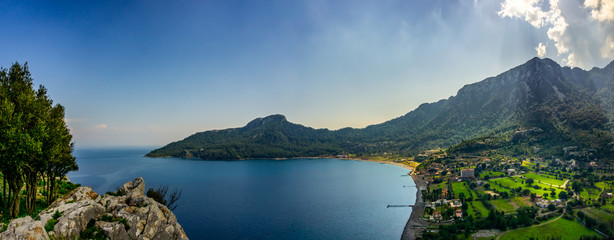 Landscape of Marmaris Kumlubuk beach from Amos Ancient city. Beauty in nature. Marmaris, Mugla, Turkey. Holiday and summer background. Lycian way.