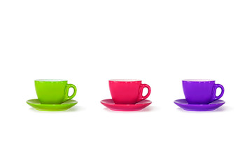 mug with saucer multicolored set colors on white isolate background
