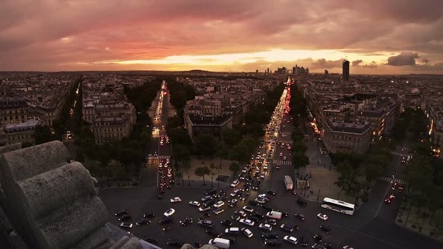 View from Arc de Triomphe towards downtown Paris. Skyscrapers in the distance can be seen in the business center of Paris, financial district, with no Eiffel tower or other monument in sight.